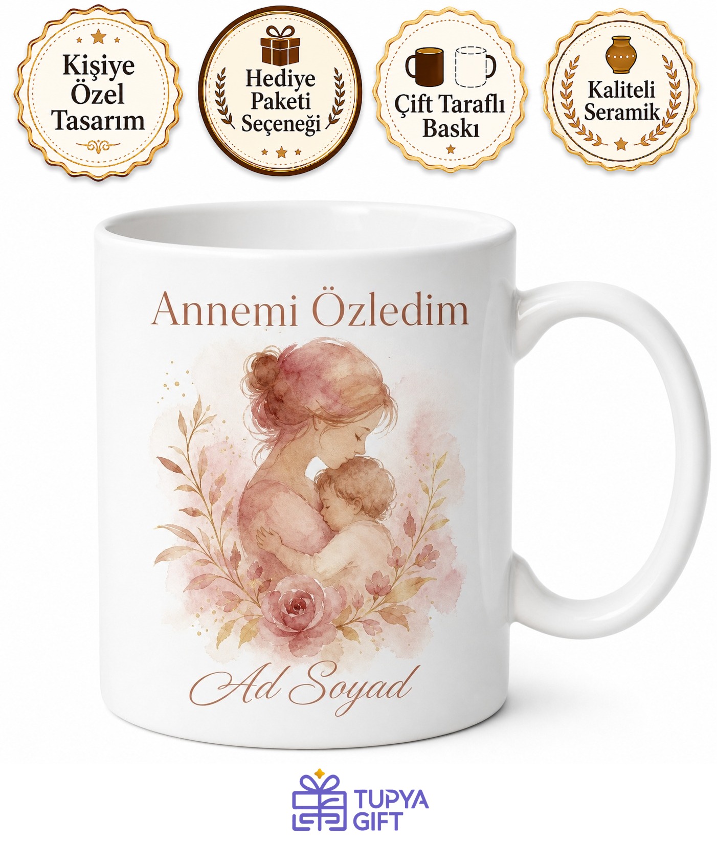 Gurbetçiye Hediye İsimli Annemi Özledim Yazılı Kupa Bardak Özel Tasarım