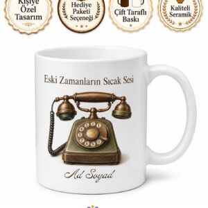 Eski Telefon Temalı Nostaljik Baskılı Kupa Bardak Özel Tasarım Hediye