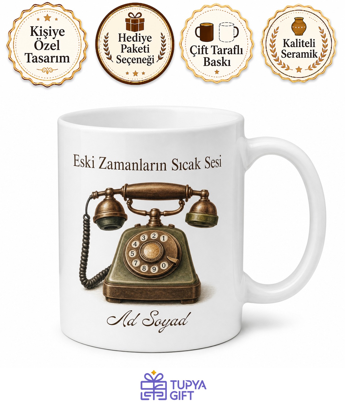 Eski Telefon Temalı Nostaljik Baskılı Kupa Bardak Özel Tasarım Hediye