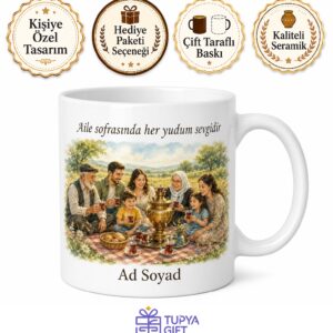 Semaver ve Çay Bardağı Çizimli Kalabalık Aile Piknikleri Kupa Hediye Bardak