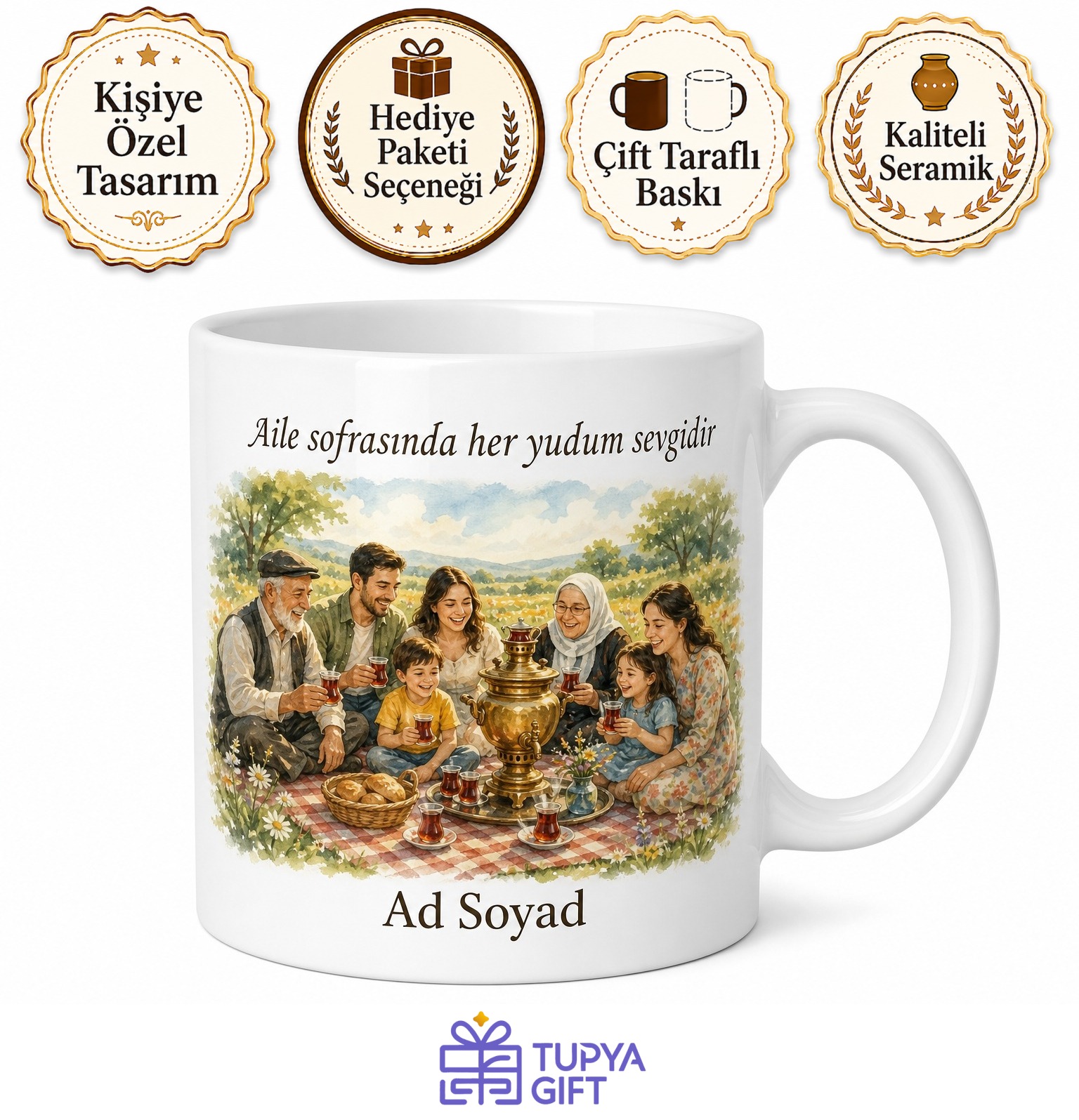 Semaver ve Çay Bardağı Çizimli Kalabalık Aile Piknikleri Kupa Hediye Bardak
