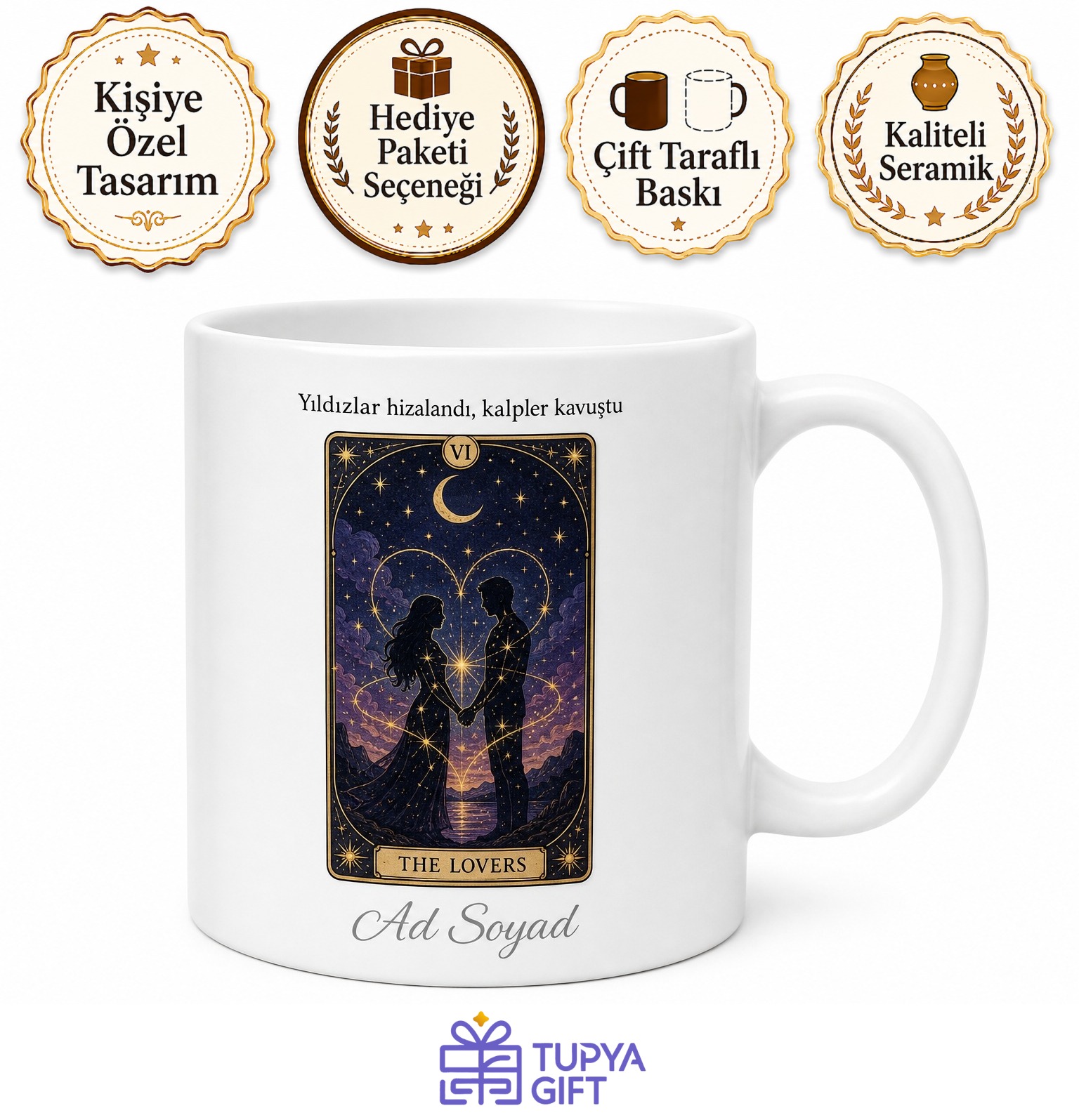 Tarot Kartları Aşıklar Çizimli Ruh Eşini Bulan Şanslı Aşıklar Kupa Bardak Hediye