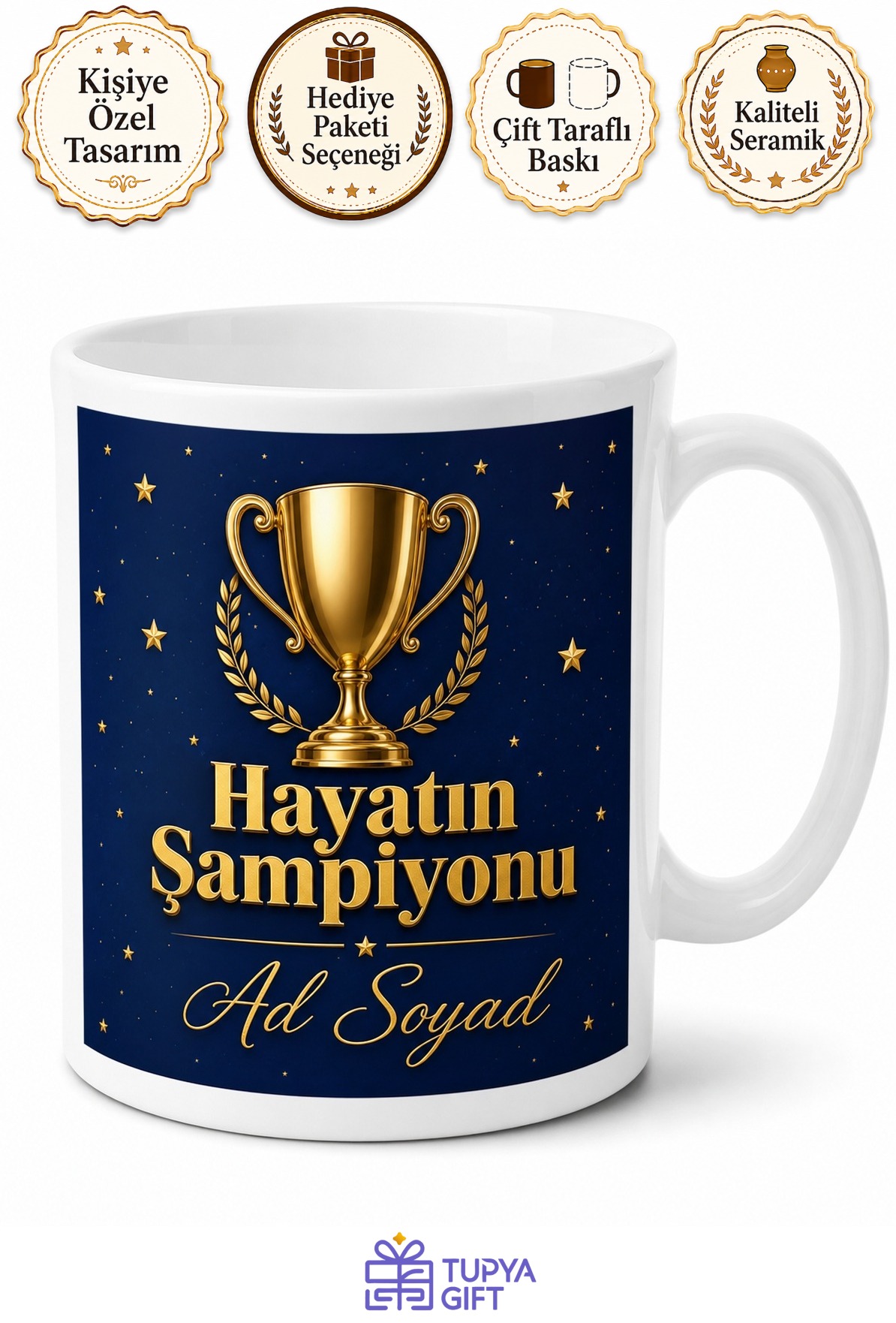 İsme Özel Şampiyon Yazılı Baskılı Kupa Bardak Hediye Porselen Mug
