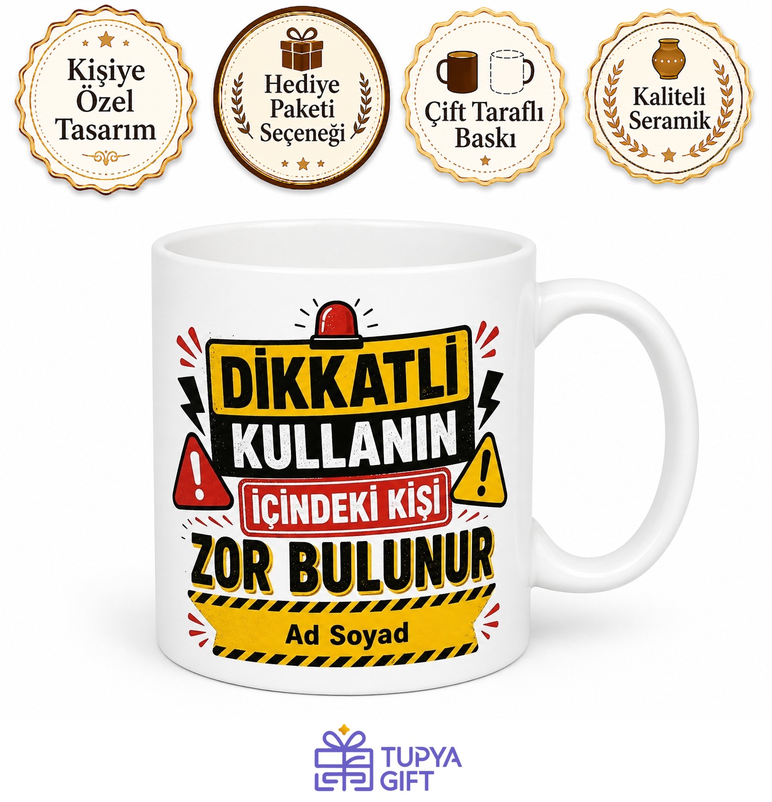 İsme Özel Dikkatli Kullanın Yazılı Komik Kupa Bardak Esprili Hediye