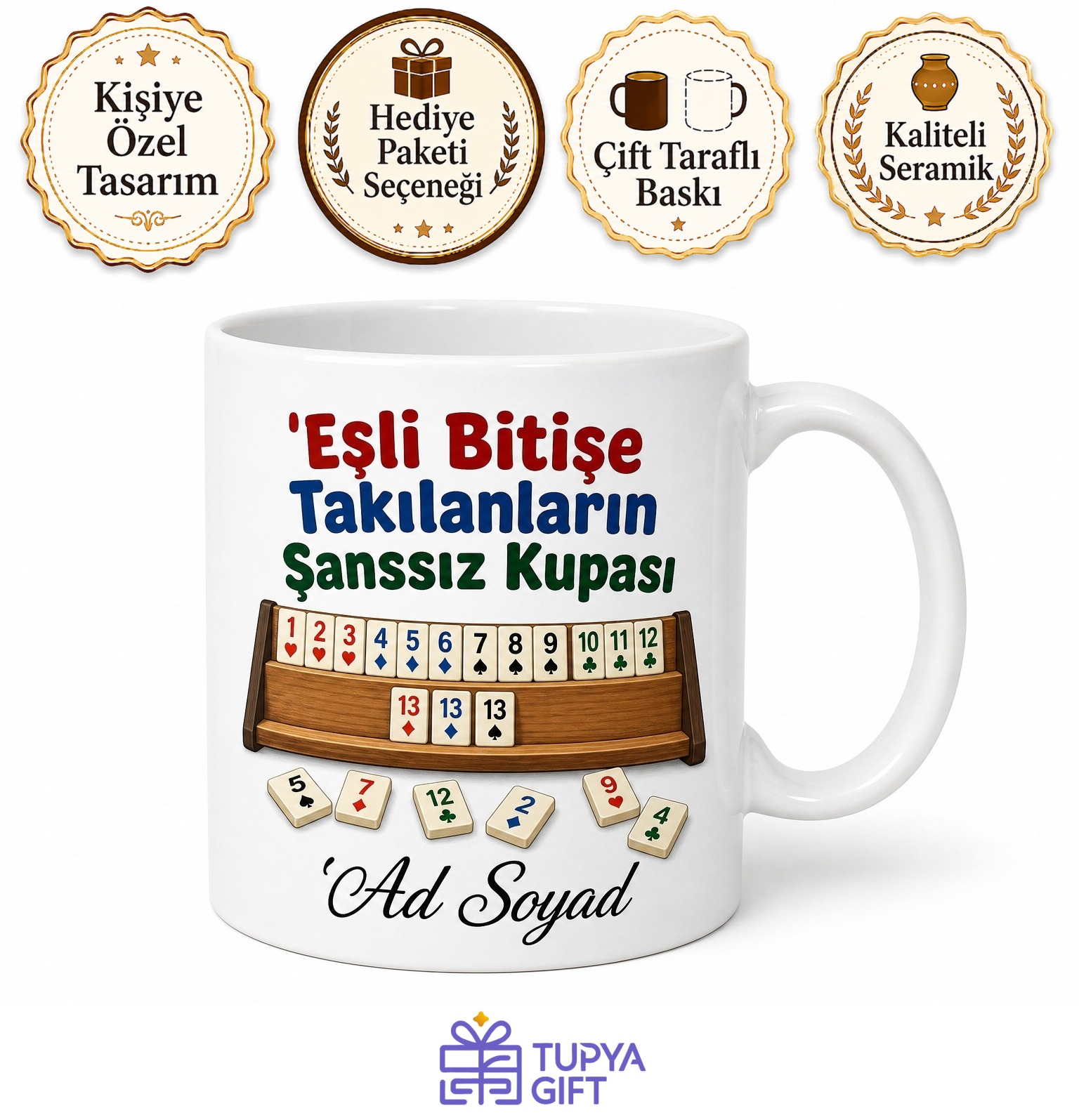 Okey Taşları Çizimli Eşli Bitişe Takılan Şanssızlara Kupa Bardak Hediye