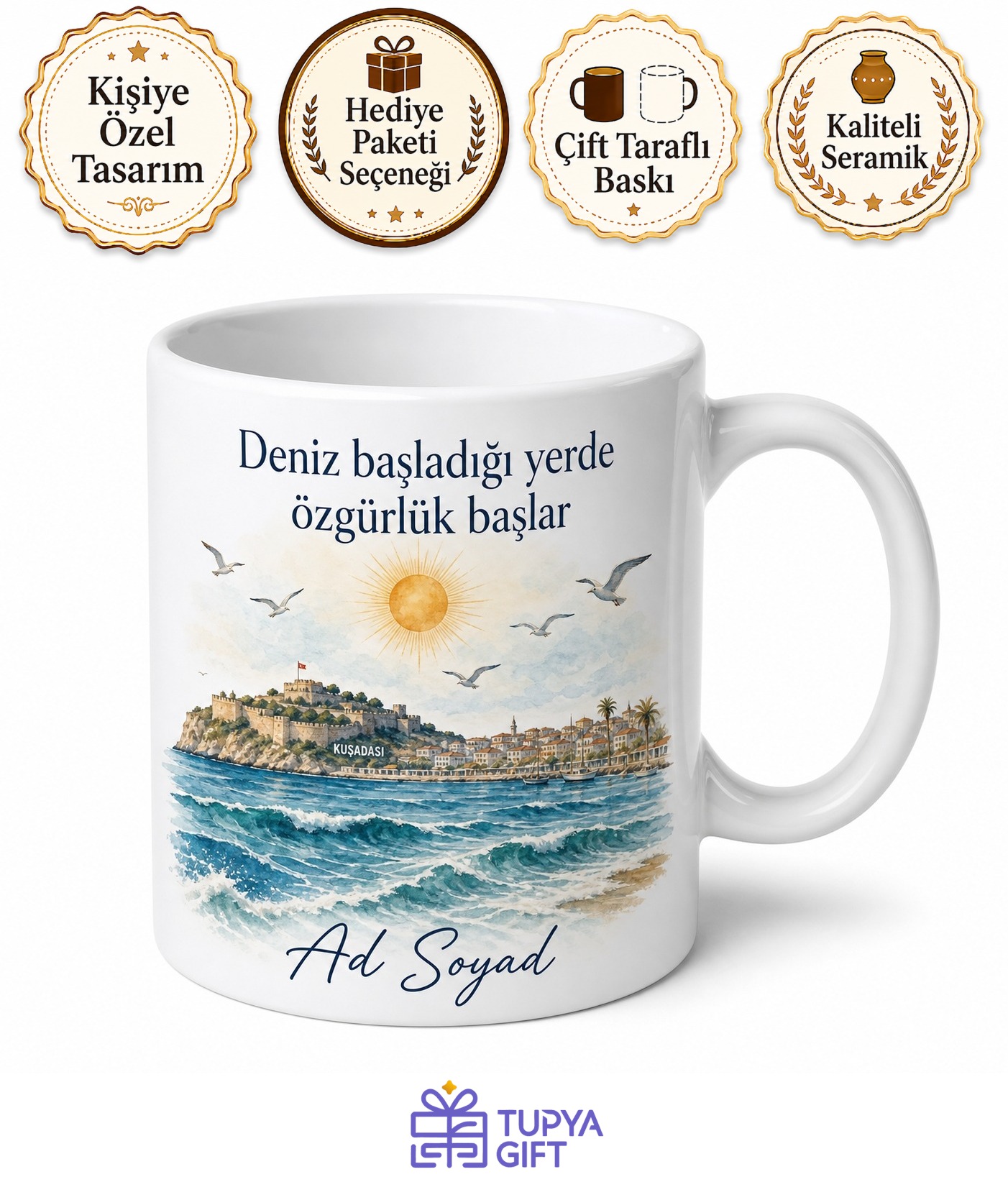 Kuşadası Tatilci Ruhu Aydın Hatırası Hediye Kupa Bardak Porselen