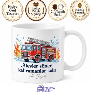 İtfaiye Kamyonu Çizimli Yanan Yürekleri Söndüren Kahraman Kupa Bardak Hediye