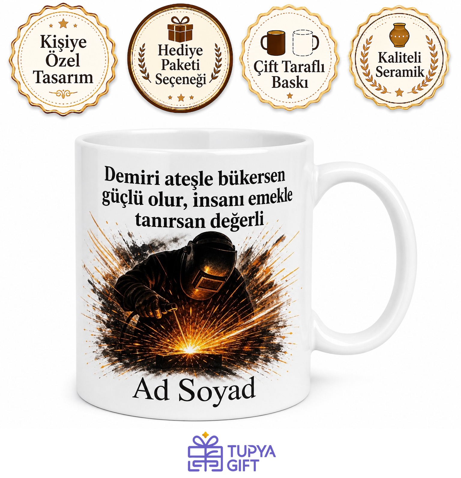 Kaynakçı Kupa Metal Kaynak Kıvılcımları Çizimli Sağlam Bağlar Kuran Hediye Bardak