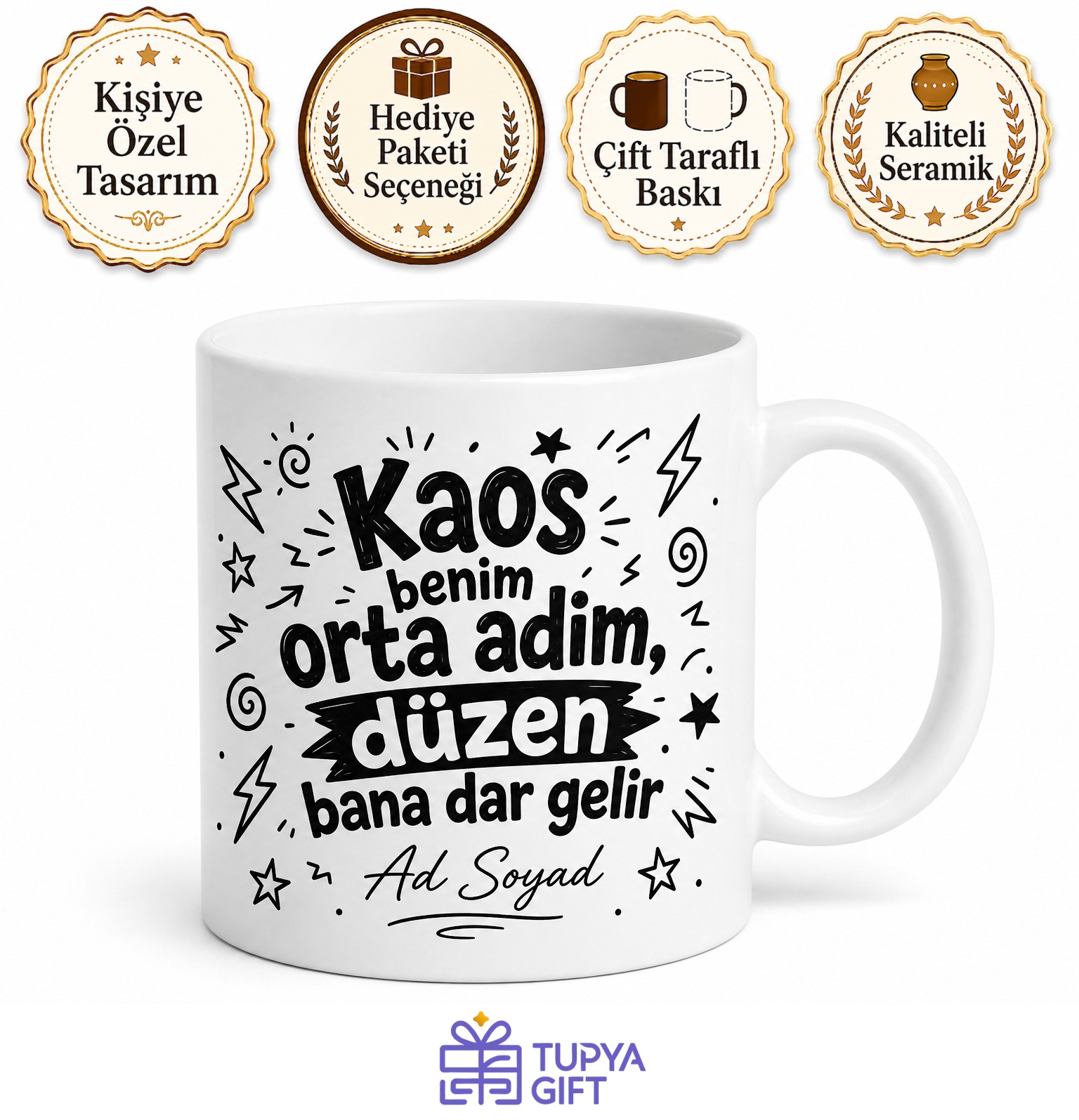 İsme Özel Kaos Yazılı Komik Baskılı Kupa Bardak Eğlenceli Hediye
