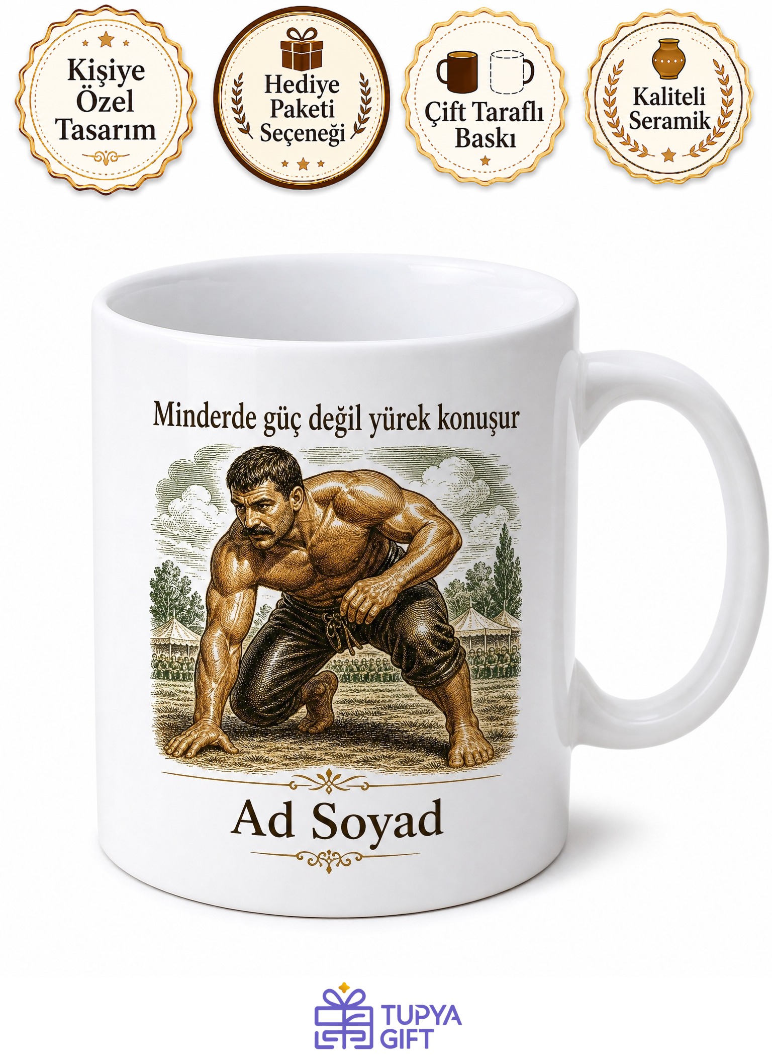 Güreşçi Minderde Tuş Edenlere Pehlivan Gücü Ata Sporu Kupa Bardak Hediye