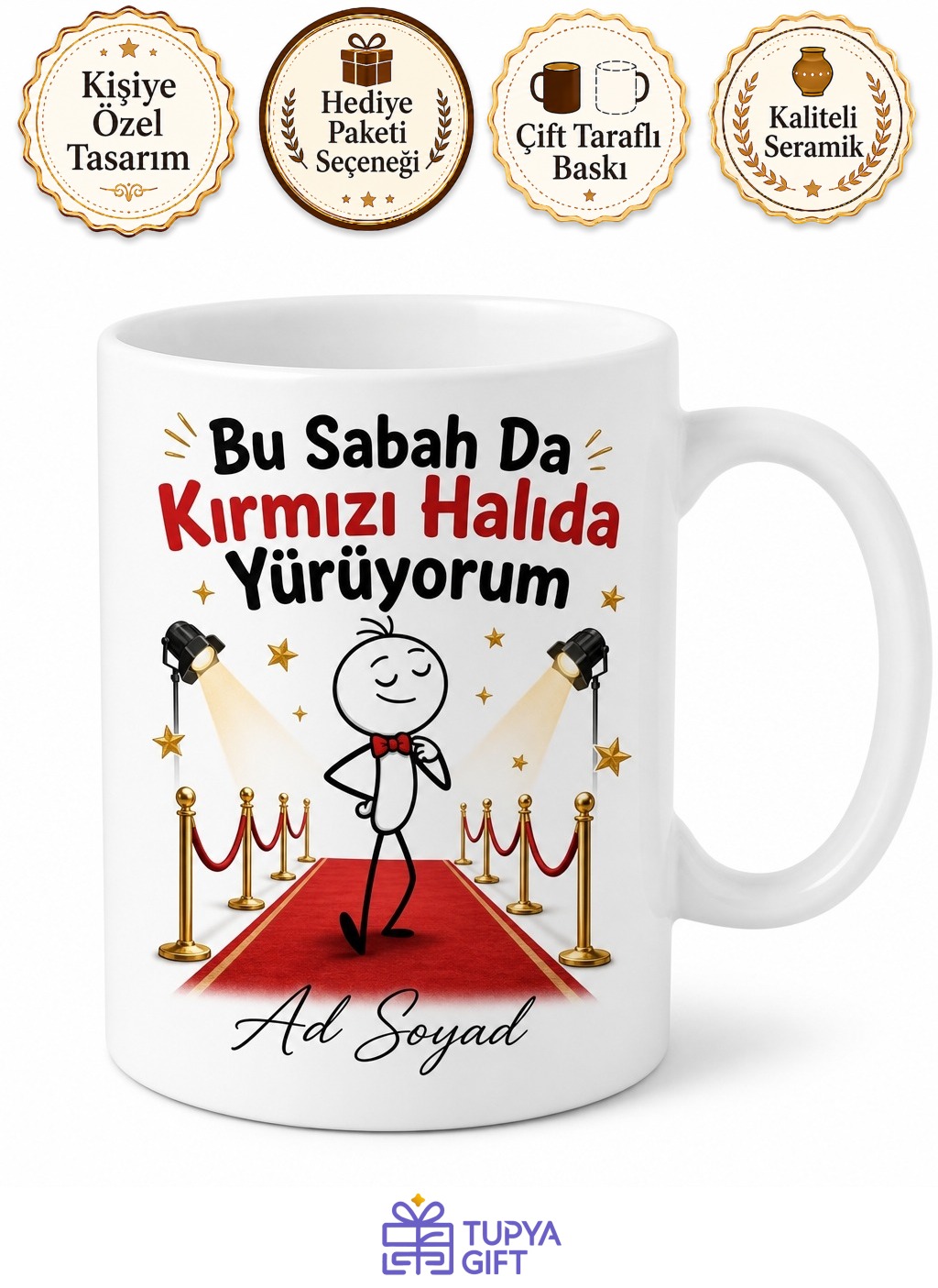 Kırmızı Halı Çizimli Starlara Layık Özgüvenli Esprili Kupa Bardak Hediye