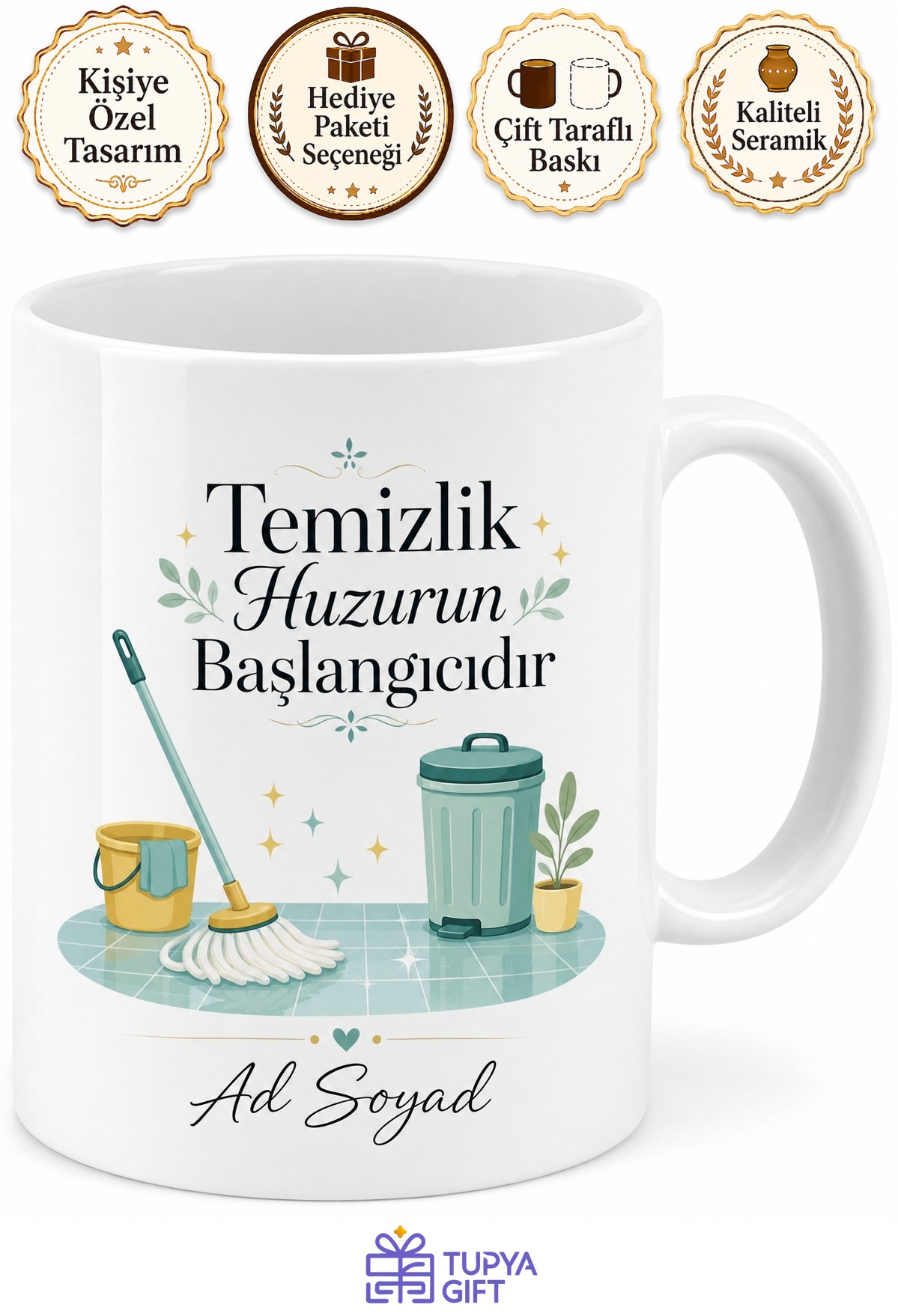 Temizlik İşçisine Hediye Paspas Parlayan Zemin Hijyen Temalı Baskılı Kupa Bardak