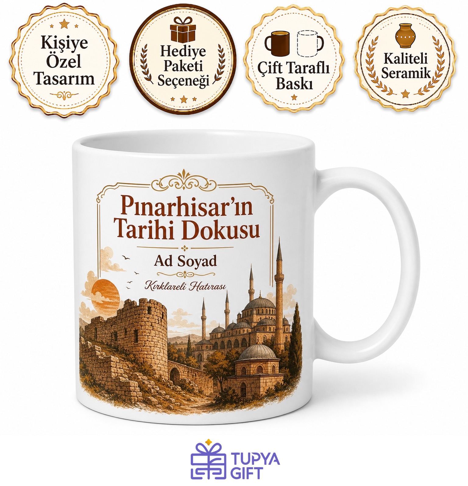 Pınarhisar Tarihi Dokusu Kırklareli Hatırası Hediye Kupa Bardak Porselen