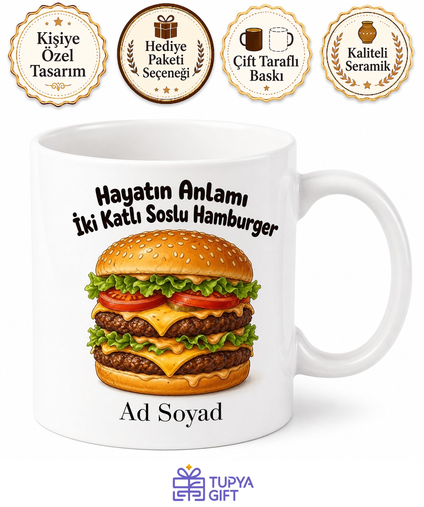 Hamburger Temalı Fast Food Sever Baskılı Kupa Bardak Hediye