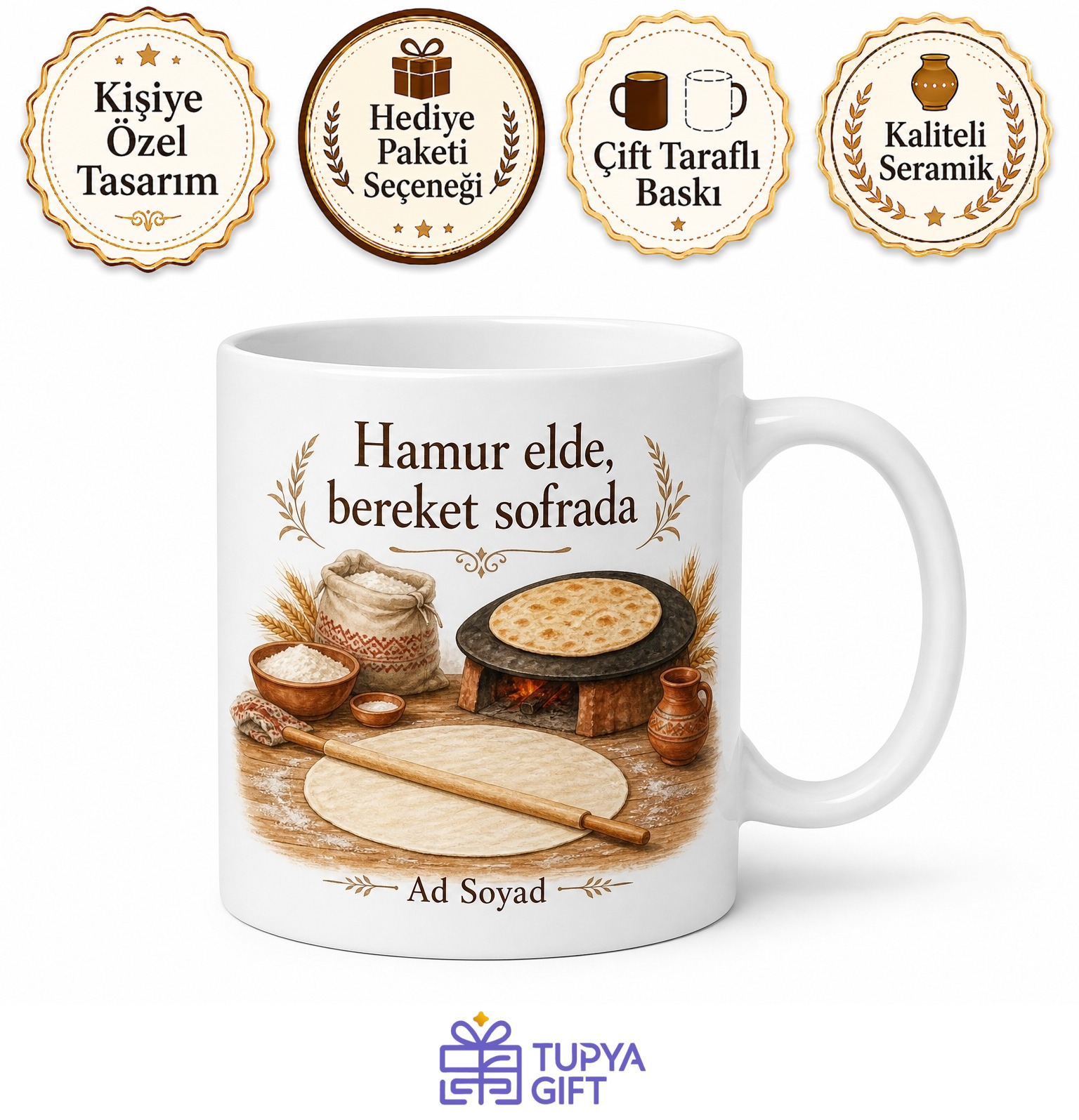 Yufka Ekmeği Temalı Baskılı Kupa Bardak Hediye Özel Tasarım Porselen Mug