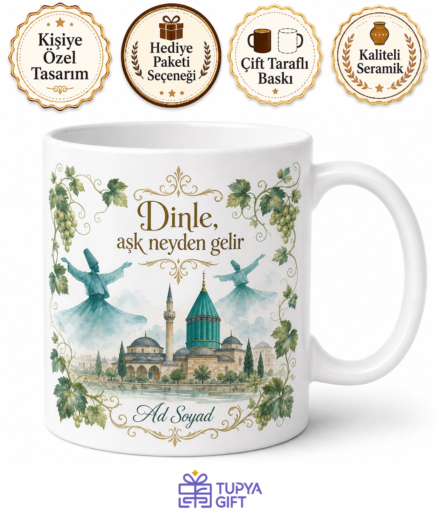 Konya Meram Bağları Mevlana Ruhu Hediye Kupa Bardak Özel Tasarım Porselen