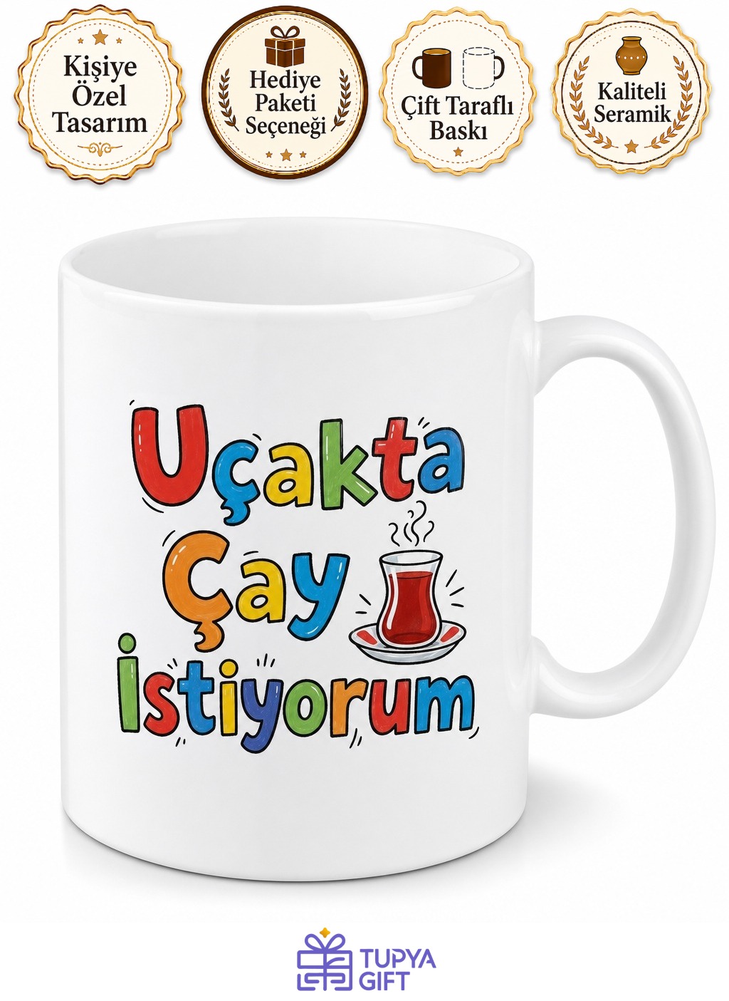 Uçakta Çay İstiyorum Yazılı Komik Kupa Bardak Esprili Hediye