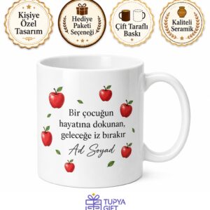 İsimli Öğretmenler Günü Hediye Elma Desenli Özel Tasarım Porselen Kupa Bardak