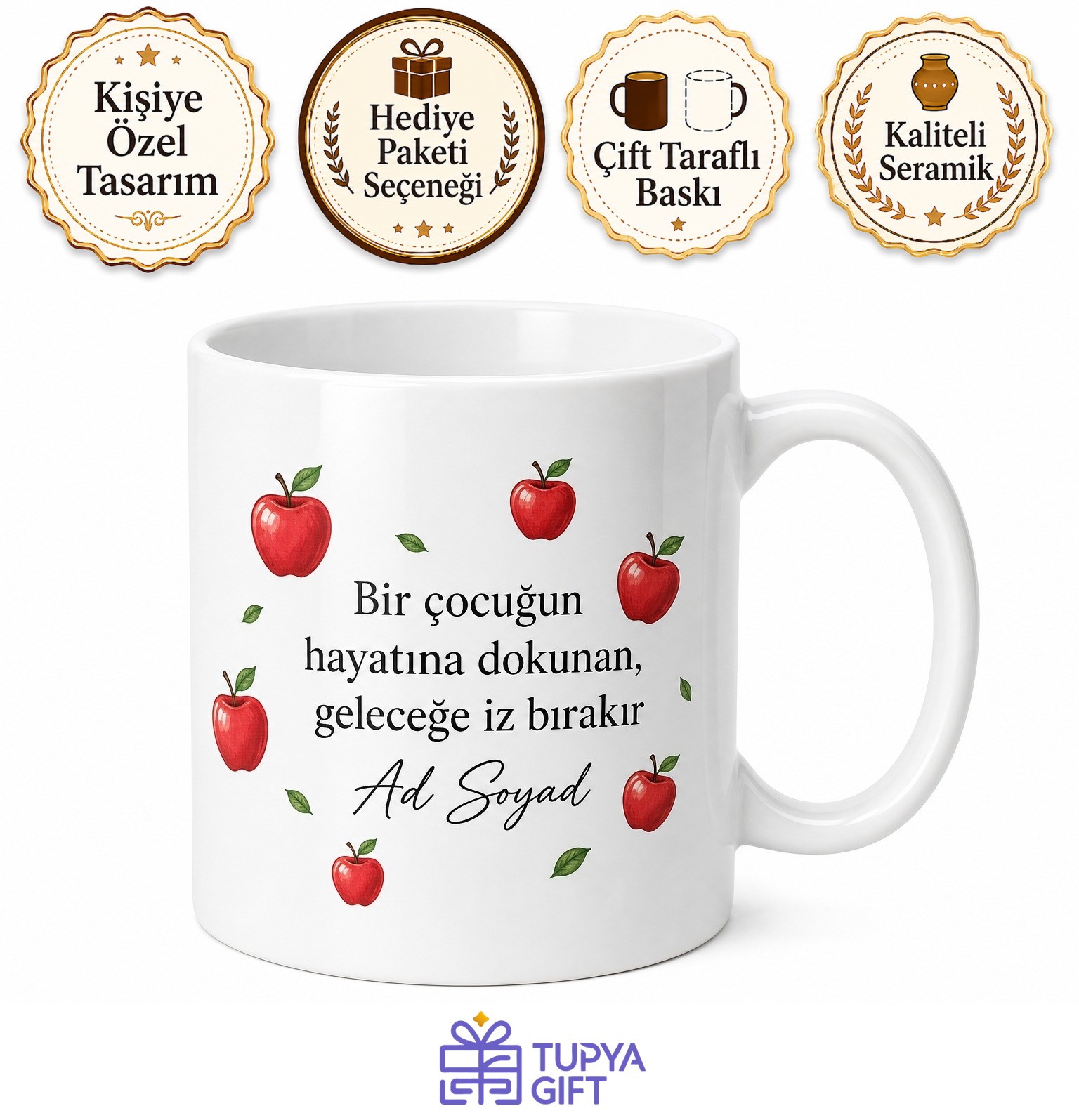 İsimli Öğretmenler Günü Hediye Elma Desenli Özel Tasarım Porselen Kupa Bardak