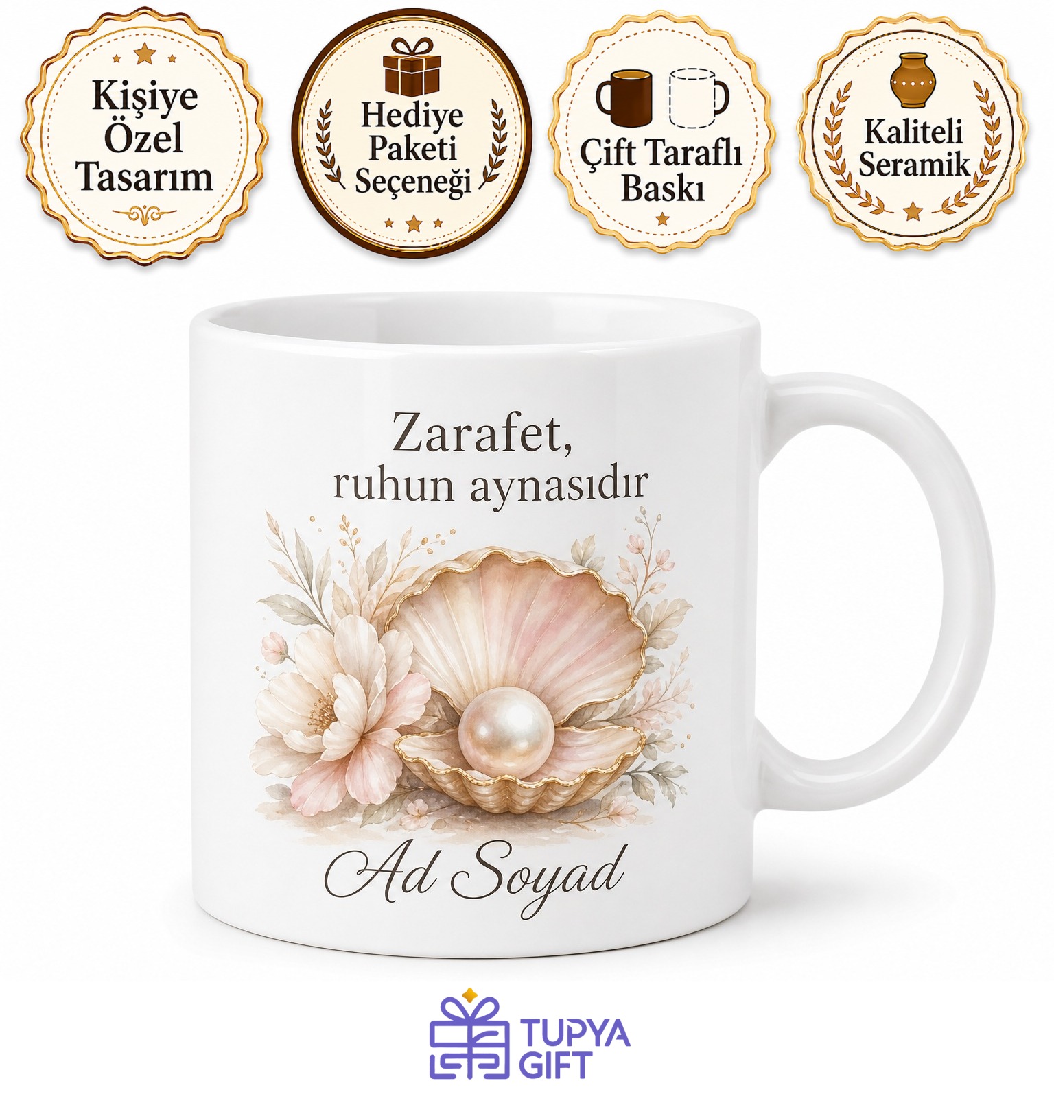 İsme Özel Haziran Doğum Taşı İnci Temalı Baskılı Porselen Kupa Bardak Hediye