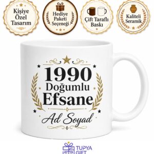 İsme Özel 1990 Doğumlu Yazılı Kupa Bardak Doğum Yılı Hediye