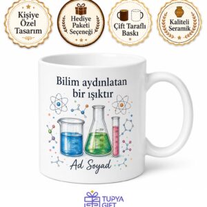 İsimli Beaker Desenli Fen Öğretmeni Kupası Hediye Kupa Bardak Özel Tasarım