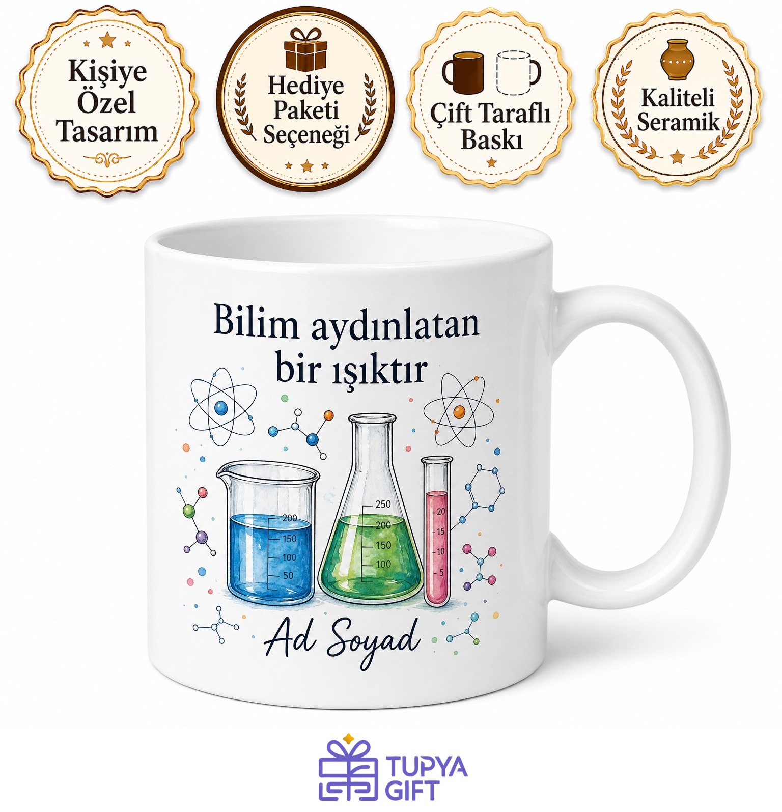 İsimli Beaker Desenli Fen Öğretmeni Kupası Hediye Kupa Bardak Özel Tasarım