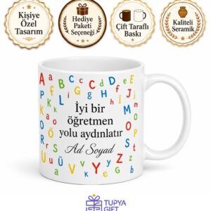İsimli ABC Desenli İngilizce Öğretmeni Kupası Hediye Bardak Özel Tasarım