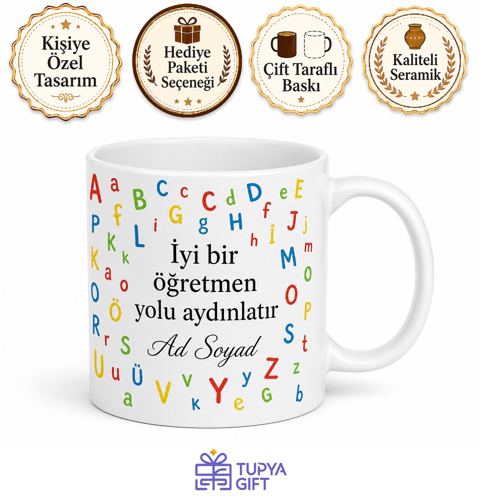 İsimli ABC Desenli İngilizce Öğretmeni Kupası Hediye Bardak Özel Tasarım