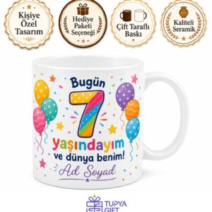 İsimli Kupa 7 Yaş Doğum Günü Baskılı Hediye Bardak Özel Tasarım