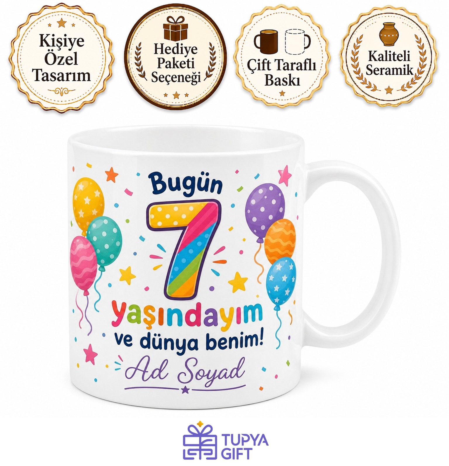 İsimli Kupa 7 Yaş Doğum Günü Baskılı Hediye Bardak Özel Tasarım