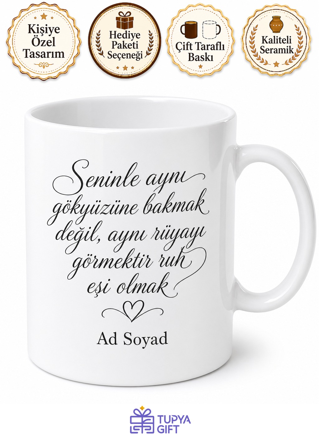 Ruh Eşim Yazılı Romantik Çay ve Kahve Kupası Hediyelik Sevgiliye Hediye Kupa Bardak