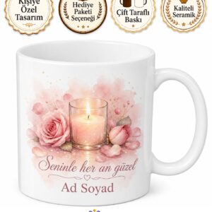 Romantik Gül Yaprağı Mum Işığı Pastel Pembe Kupa Bardak Sevgiliye Hediye