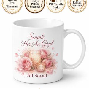 Romantik Gül Yaprağı Mum Işığı Pastel Pembe Kupa Bardak Sevgiliye Hediye