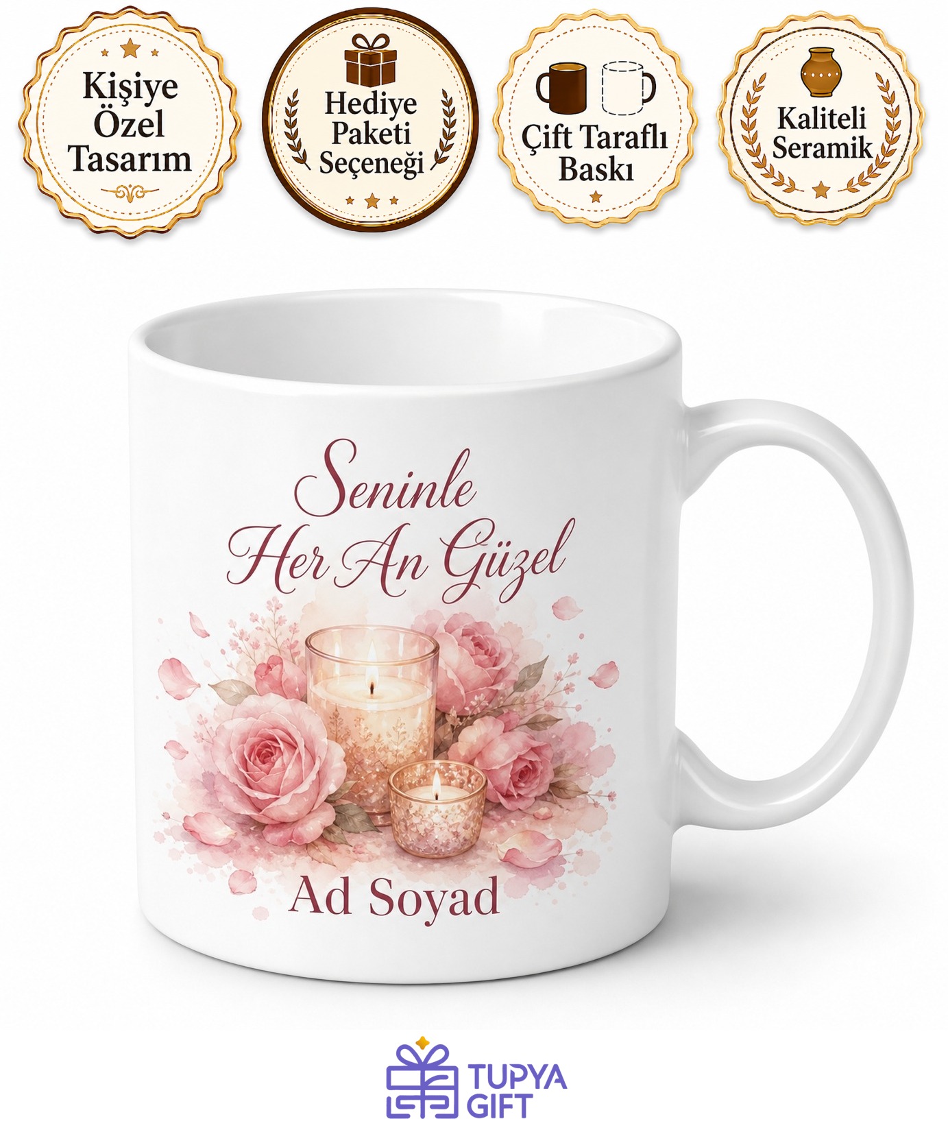 Romantik Gül Yaprağı Mum Işığı Pastel Pembe Kupa Bardak Sevgiliye Hediye