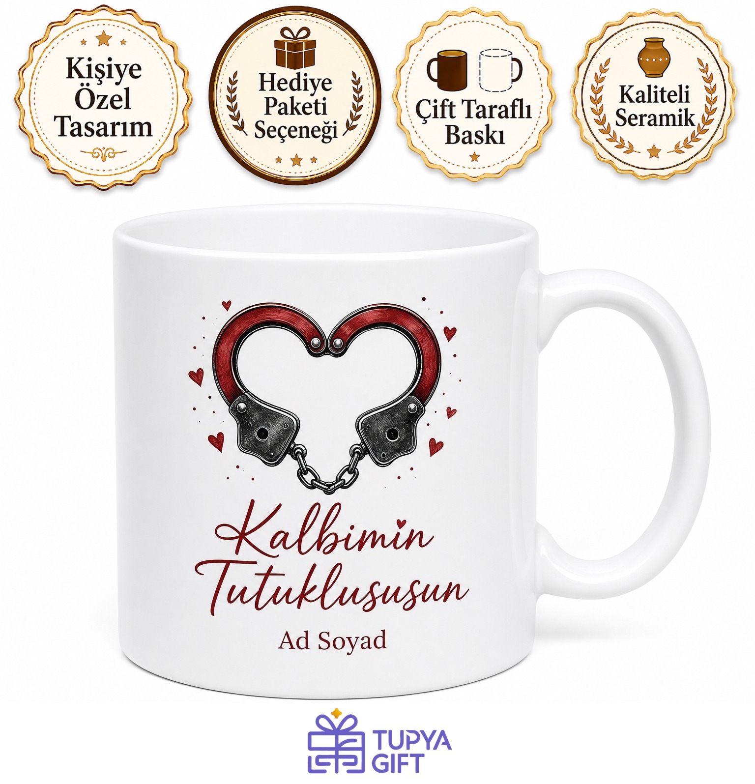 Kelepçe Çizimli Kalbimin Tutuklususun Sevgiliye Romantik Kupa Bardak Hediye