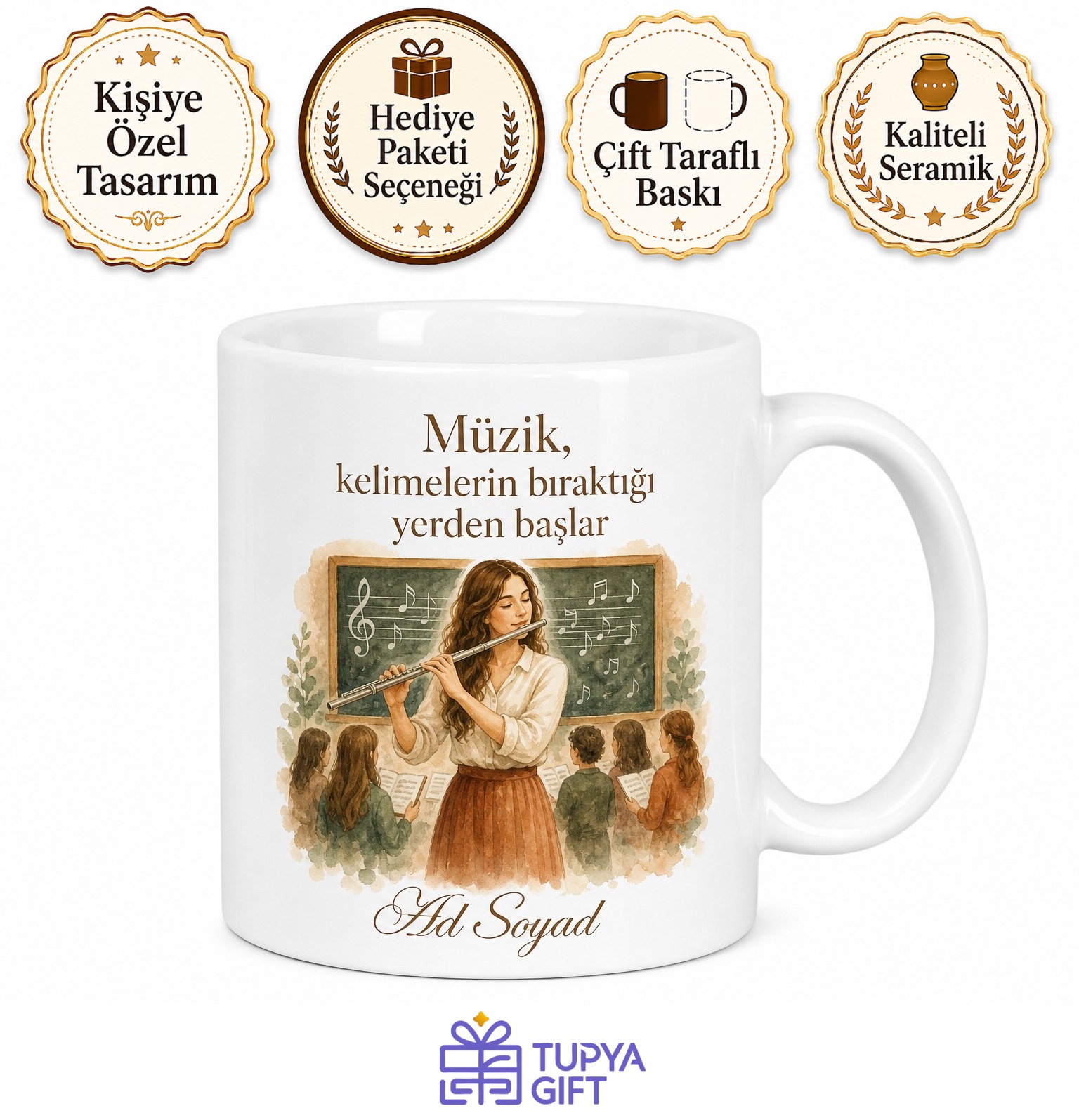 Müzik Öğretmeni Flüt Koro Nota Tahtası Kupa Bardak Hediye