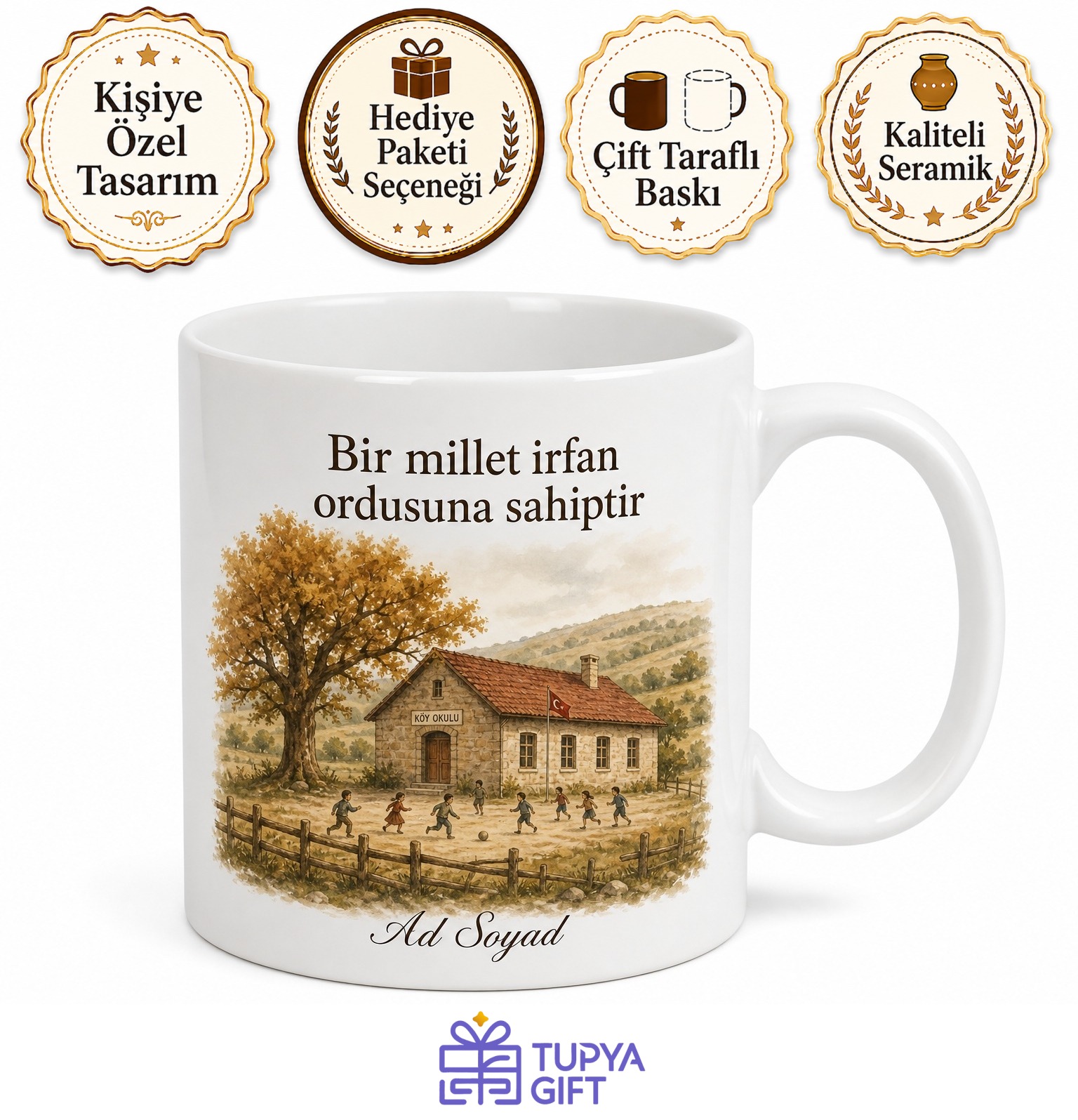 Köy Okulu Temalı Nostaljik Baskılı Kupa Bardak Öğretmen Hediye Porselen