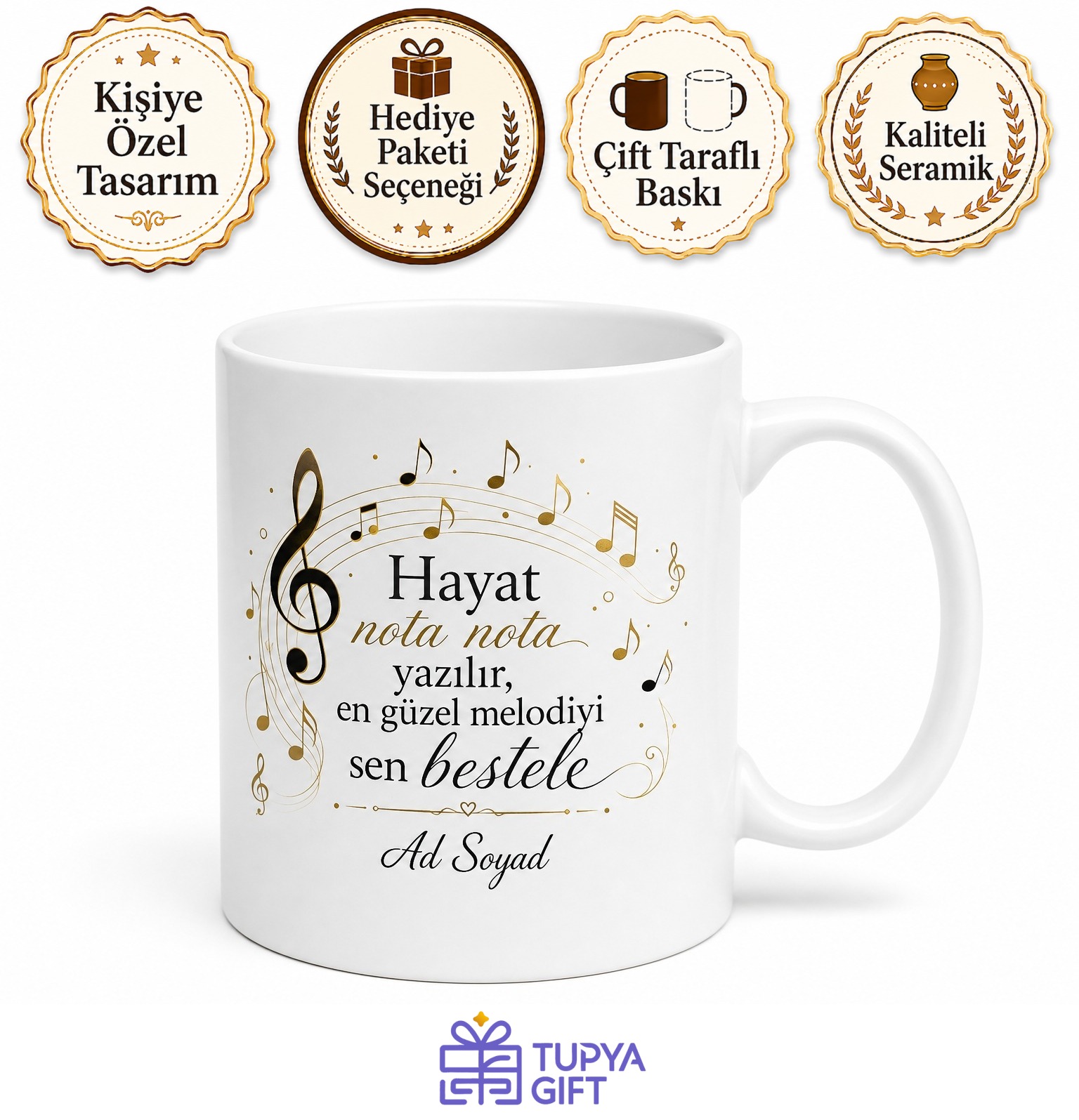 Müzik Sever İçin Mesajlı Hediyelik Baskılı Kupa Bardak Nota Temalı Hediye