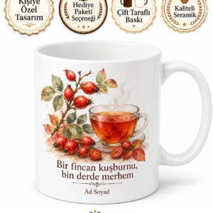 Kuşburnu Çayı Temalı Baskılı Kupa Bardak Hediye Porselen Çay Severlere Özel