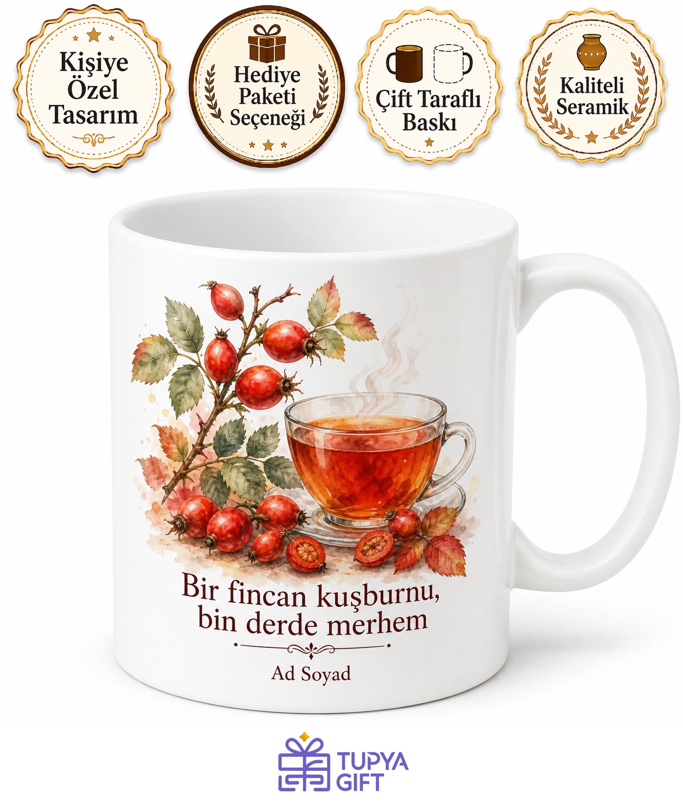Kuşburnu Çayı Temalı Baskılı Kupa Bardak Hediye Porselen Çay Severlere Özel