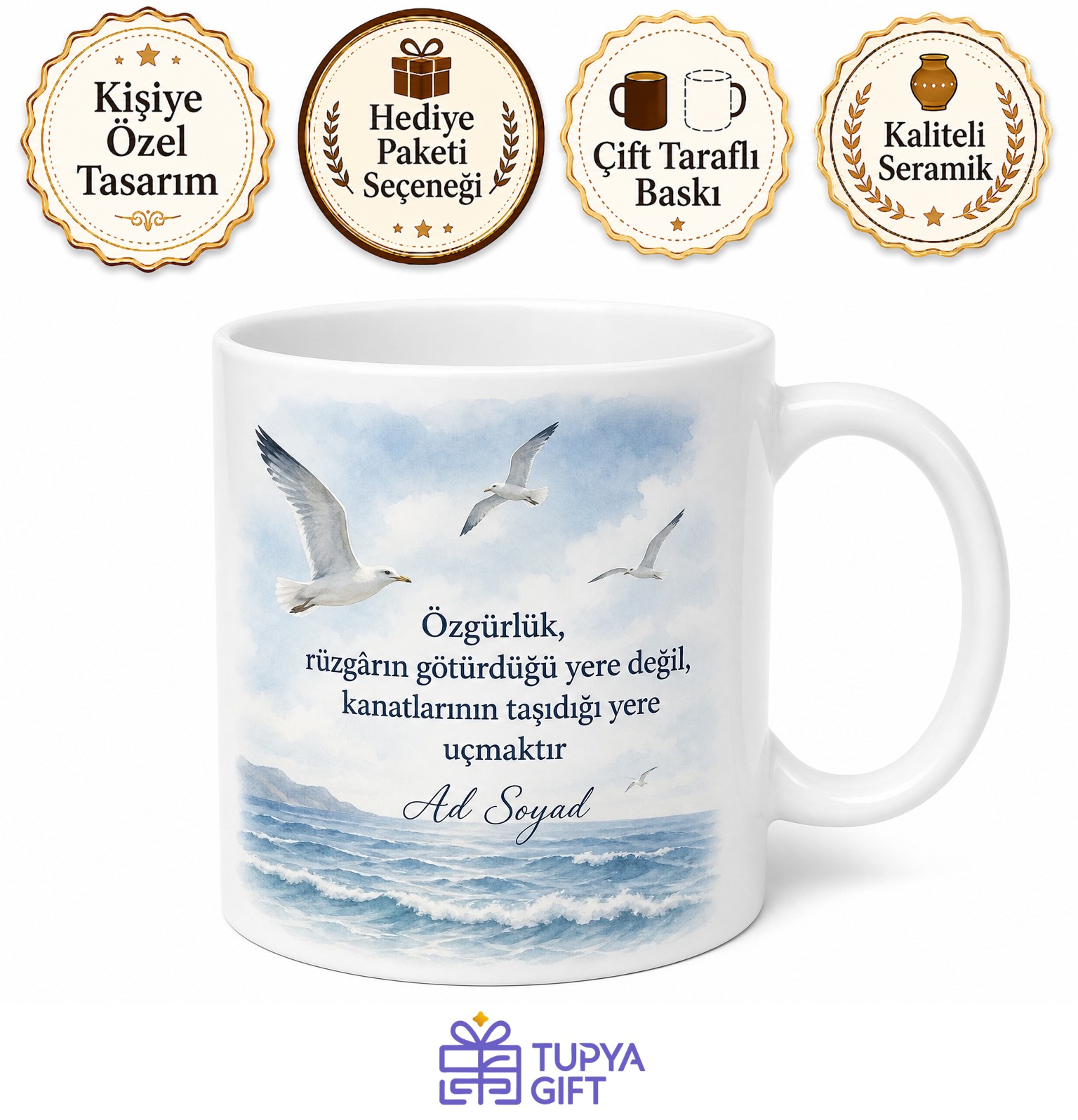 Martı Temalı Deniz Kupası Özel Baskılı Porselen Kupa Bardak Hediye