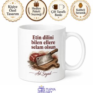 Kasaplara Hediye Satır ve Et Tahtası Temalı Usta Kupası Baskılı Kupa Bardak