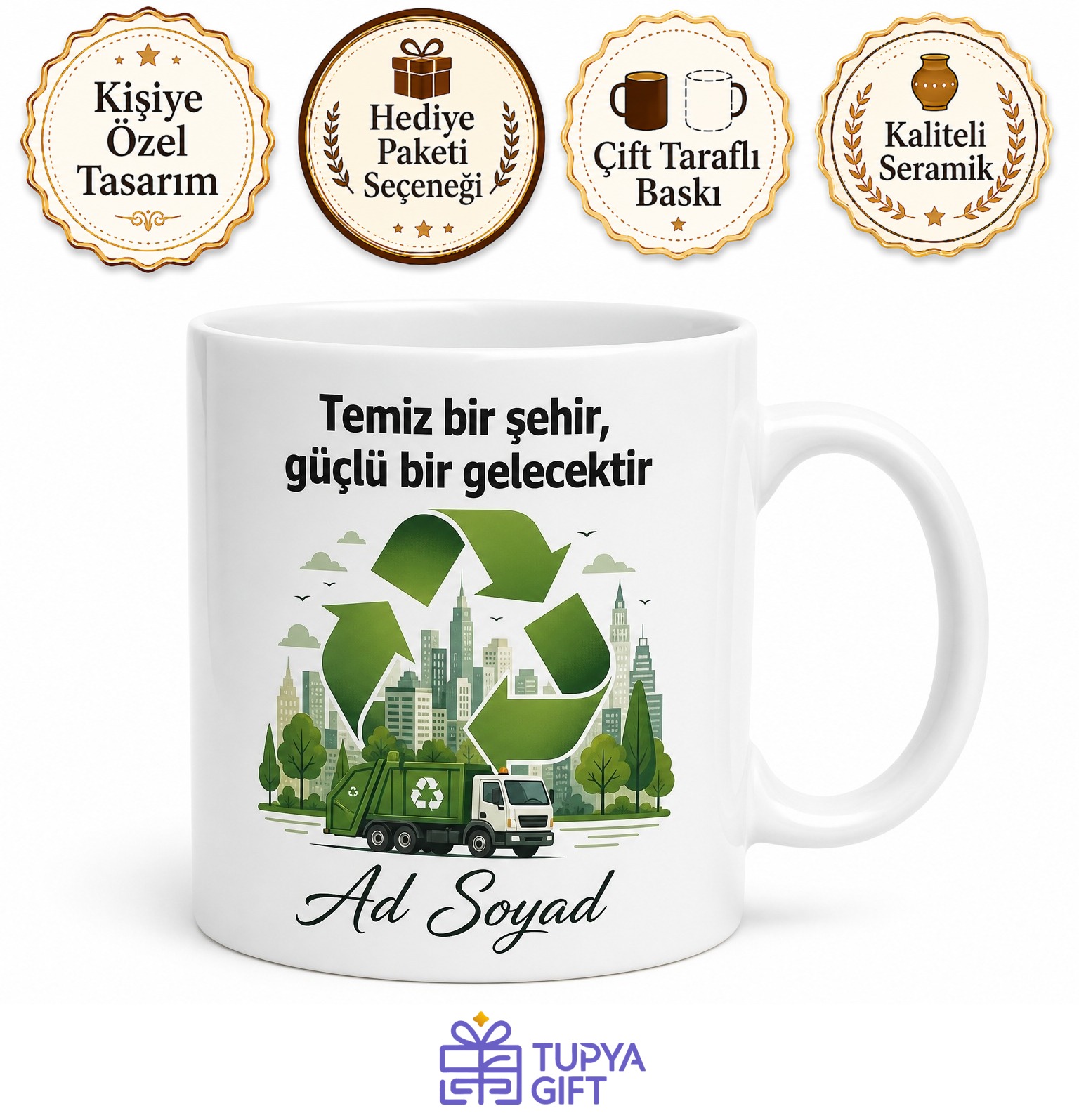 Çöp Kamyonu Sürücüsüne Geri Dönüşüm Şehir Kahramanı Temalı Hediye Kupa Bardak