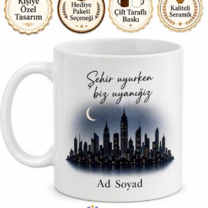 Gece Şehir Silüeti Çizimli Uyumayan Şehrin Gece Kuşlarına Kupa Bardak Hediye