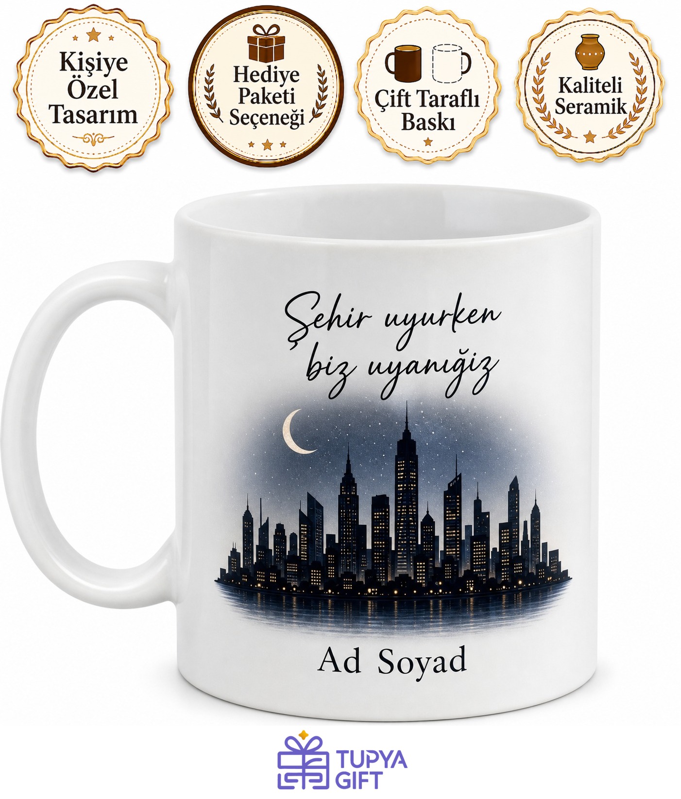 Gece Şehir Silüeti Çizimli Uyumayan Şehrin Gece Kuşlarına Kupa Bardak Hediye