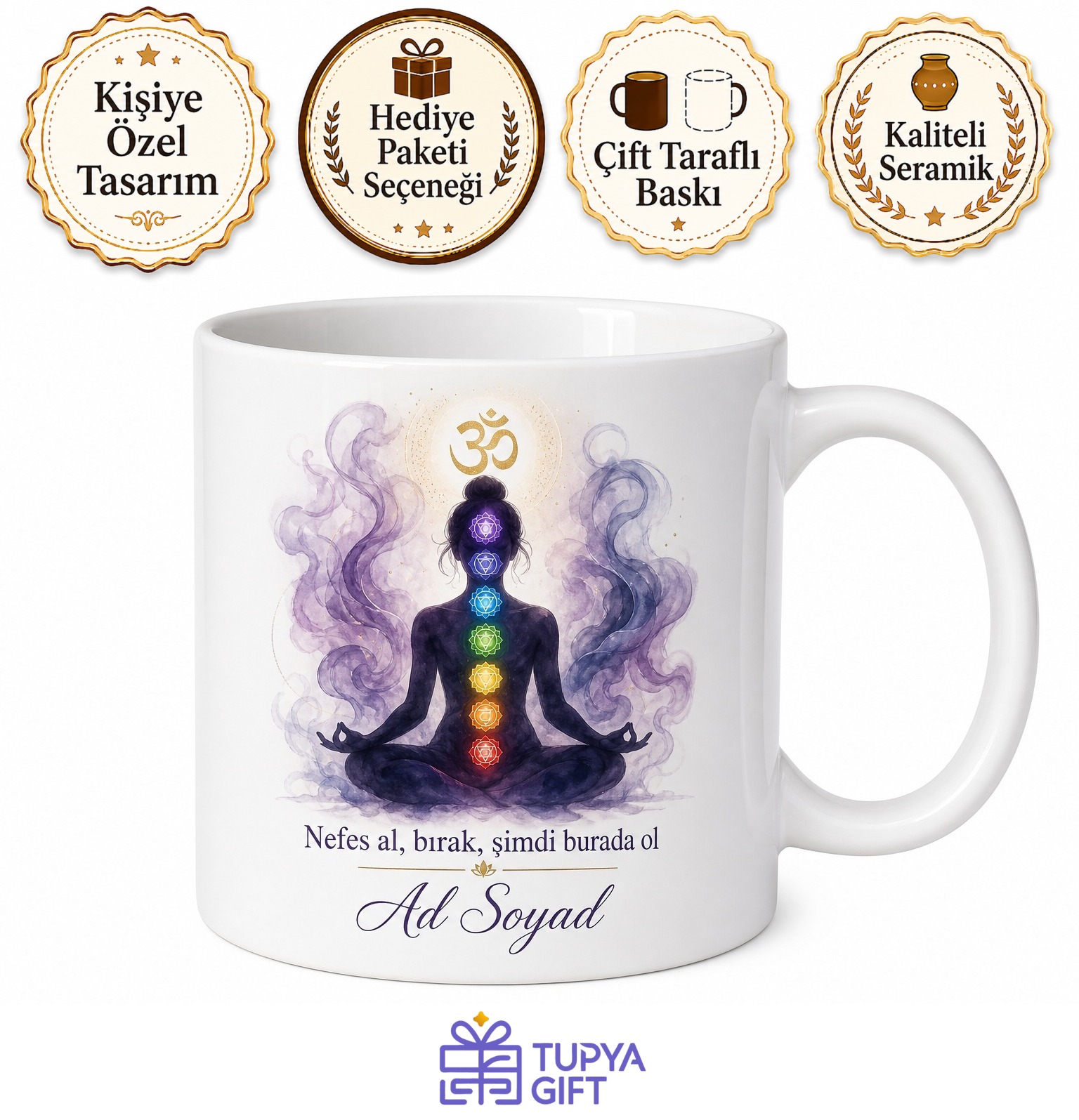 Meditasyon Eğitmeni Hediye Om Sembolü Lotus Çakra İçsel Huzur Farkındalık Baskılı Kupa Bardak