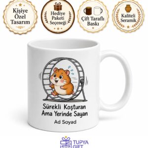 Tekerlekte Koşan Hamster Çizimli Sürekli Çalışan Ama Yerinde Sayan Kupa Bardak Hediye