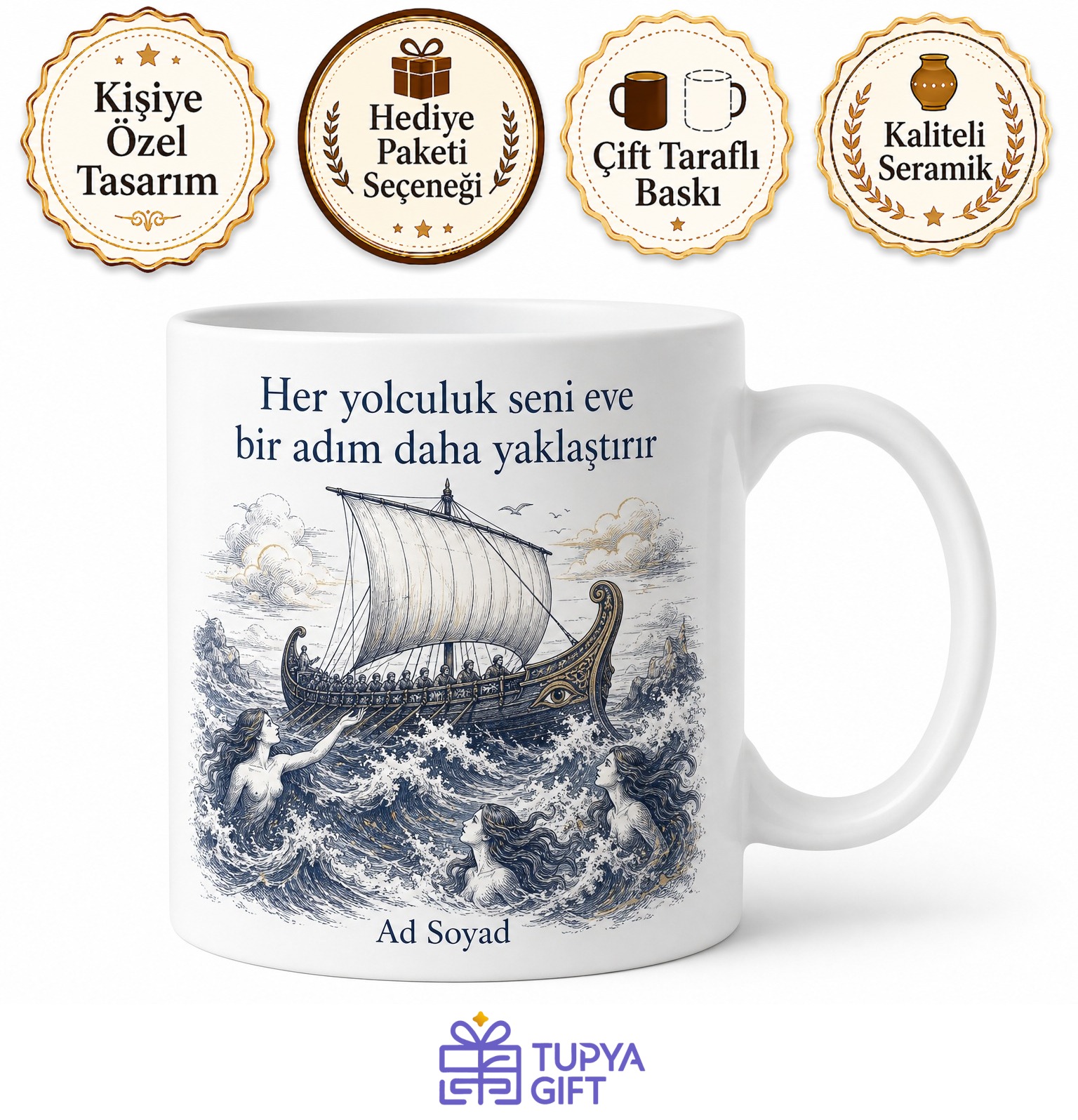 Odysseus Gemi ve Sirenler Çizimli Kupa Bardak Mitoloji Hediye