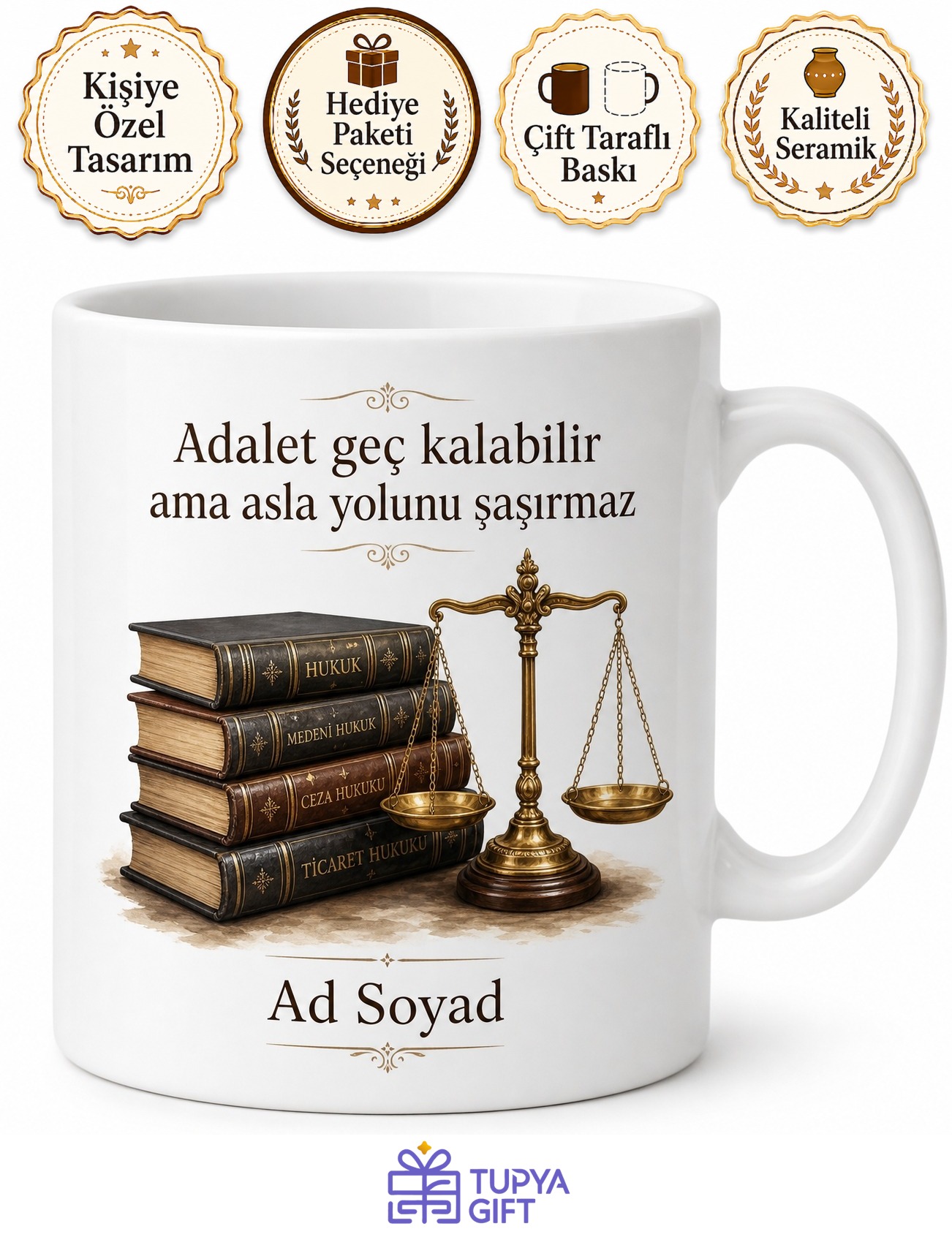 Hukuk Fakültesi Öğrencisine Kalın Kitaplar Adalet Terazisi Kupa Bardak Hediye